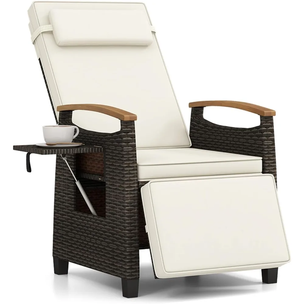 

Rattan Outdoor Recliner Chair - Wicker Chaise Lounge Chair w/Adjustable Back & Footrest, Acacia Wood Armrests, Flip Side Table