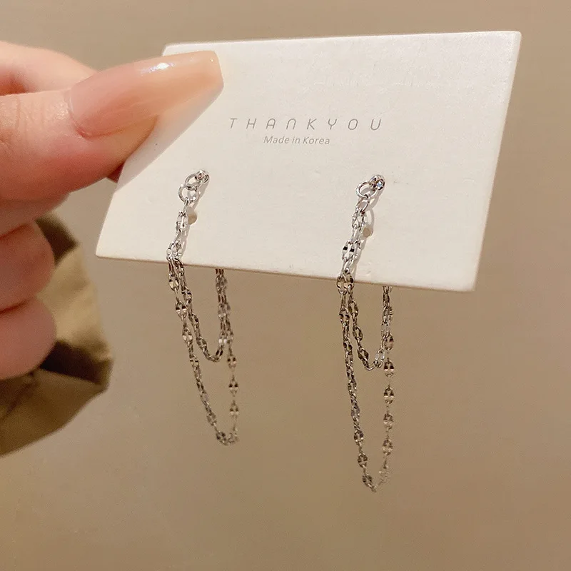 Double Layer Metal Chain Tassel Dangle Earrings for Women Goth Punk Silver Color Statement Earrings Girls Simple Jewelry Gift