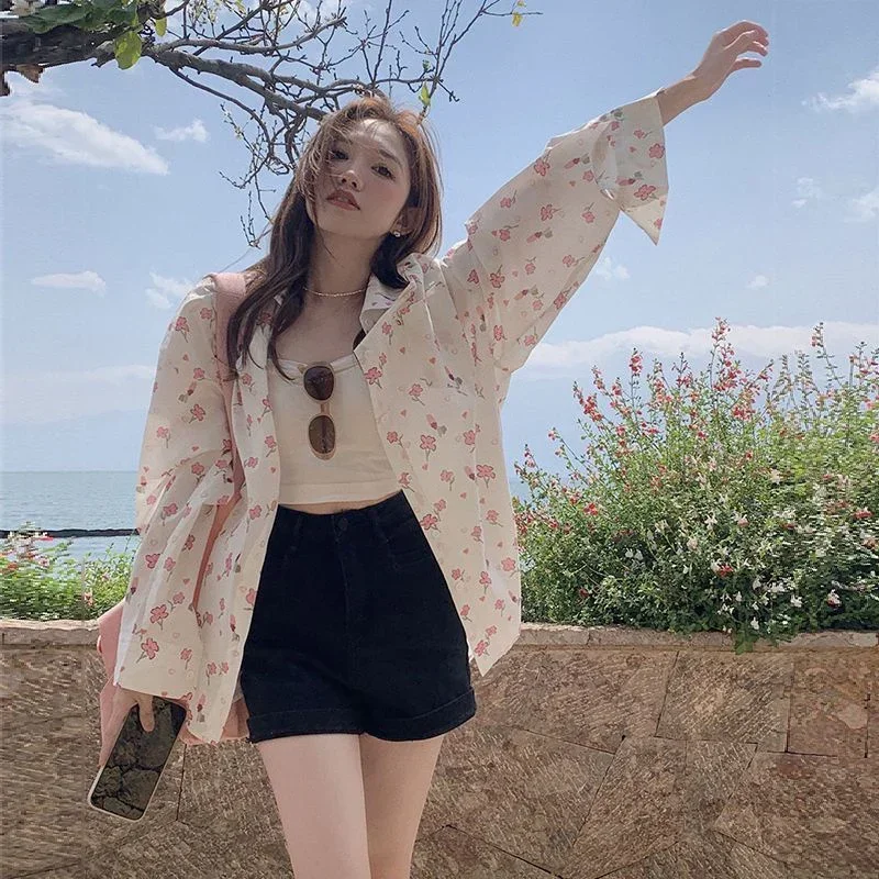 

Pink Floral Long Sleeve Blouse Women Summer Loose Turn Down Collar Thin Shirts Korean Casual Beach Sunscreen Beach Shirt ZT684