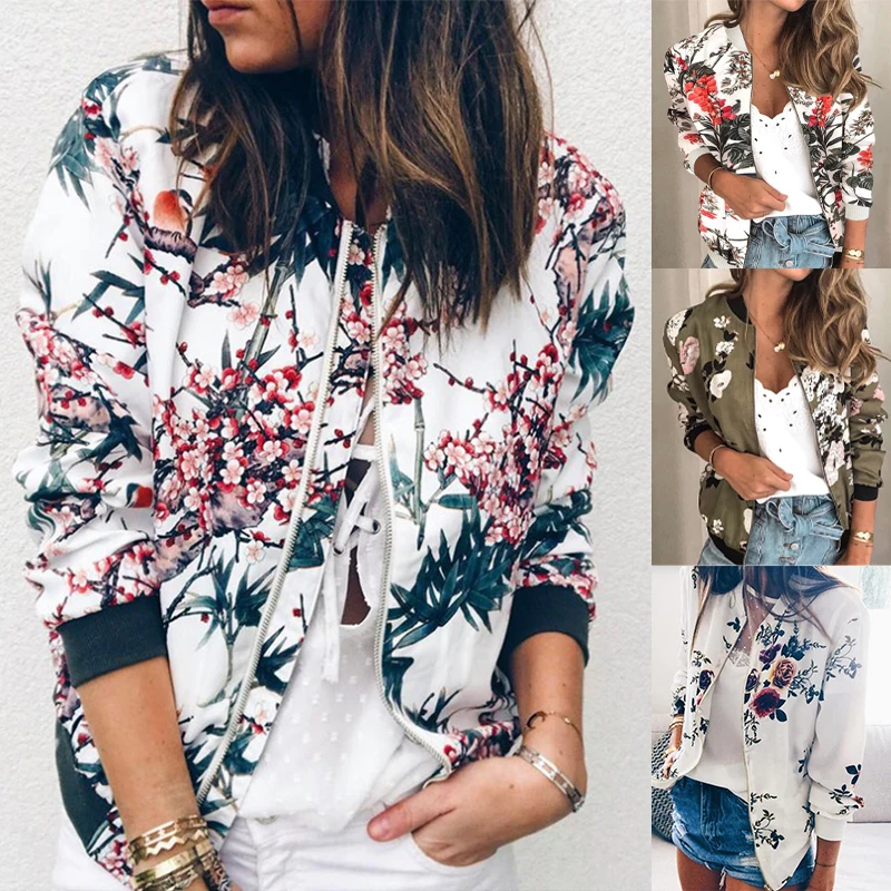 Floral Printed Women Jacket Autumn Winter Fashion O Neck Long Sleeve Zipper Pocket Casual Coats Bomber Outwear Streetwear