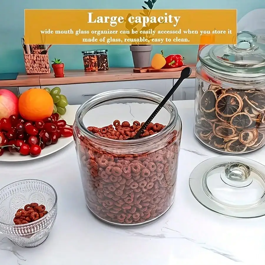 Set Of 2 Glass Pantry Jars With Flip Lids – Ideal For Pantry & Kitchen Countertops – Hand-Washable, Reusable Round Containers For Cookies, Candy, And Pasta – Pantry Organization, Glass Storage Jars, Round Food Storage Containers, Flip-Lid Design