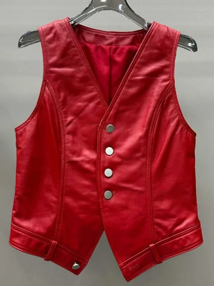 Leisure Style Genuine Leather V Neck Single-Breasted Handmade Vest Straight Sheepskin Sleeveless Solid Color Female Outerwear