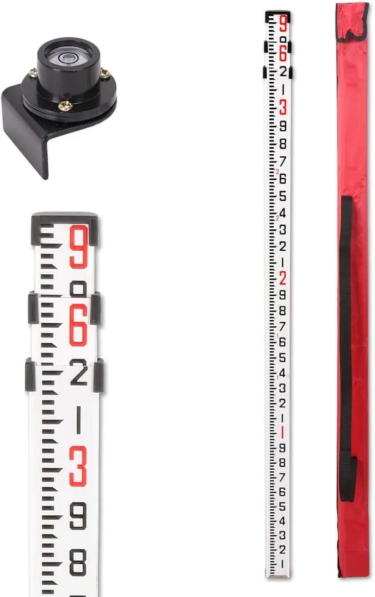 GEOLENI Aluminum Grade Rod - 8ths, With Carrying Case And Rod Level (9 Foot), 1mm Thick, 42 Inches Tall When Collapsed