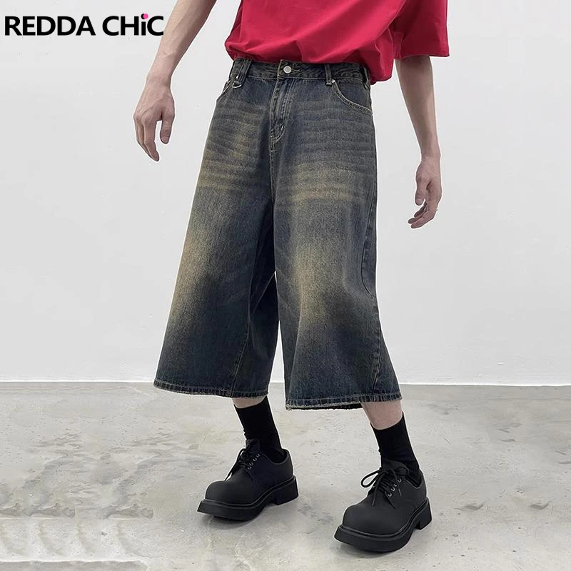 REDDACHiC Vintage Wash Baggy Jorts for Men Casual Brushed Cropped Jeans Low Waist Denim Short Pants Male Torusers Emo Streetwear