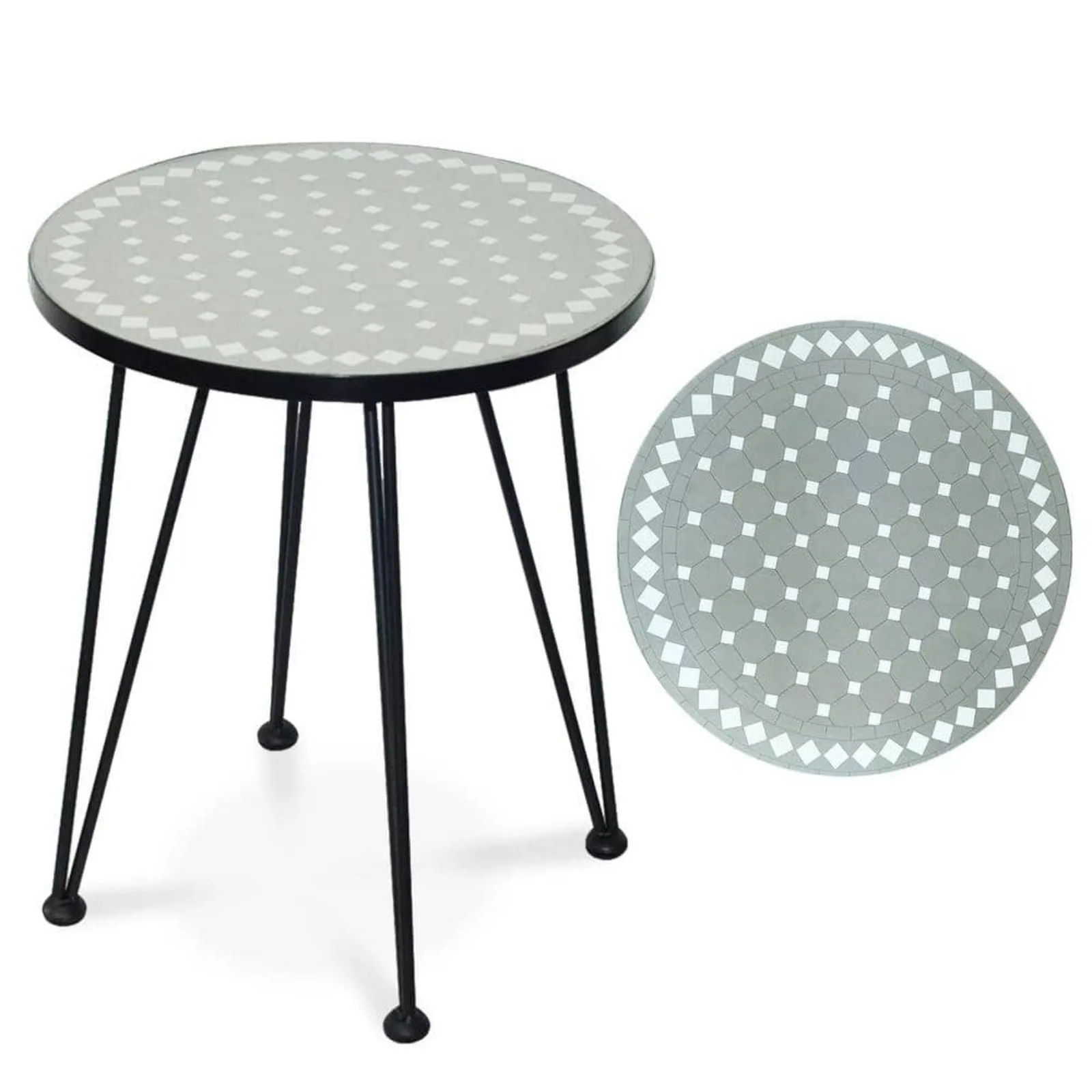 

US 17.7 in.Grey Round Outdoor Porch Table with Gloss Sandstone Top and Storage Small End Coffee Tables with Iron Legs