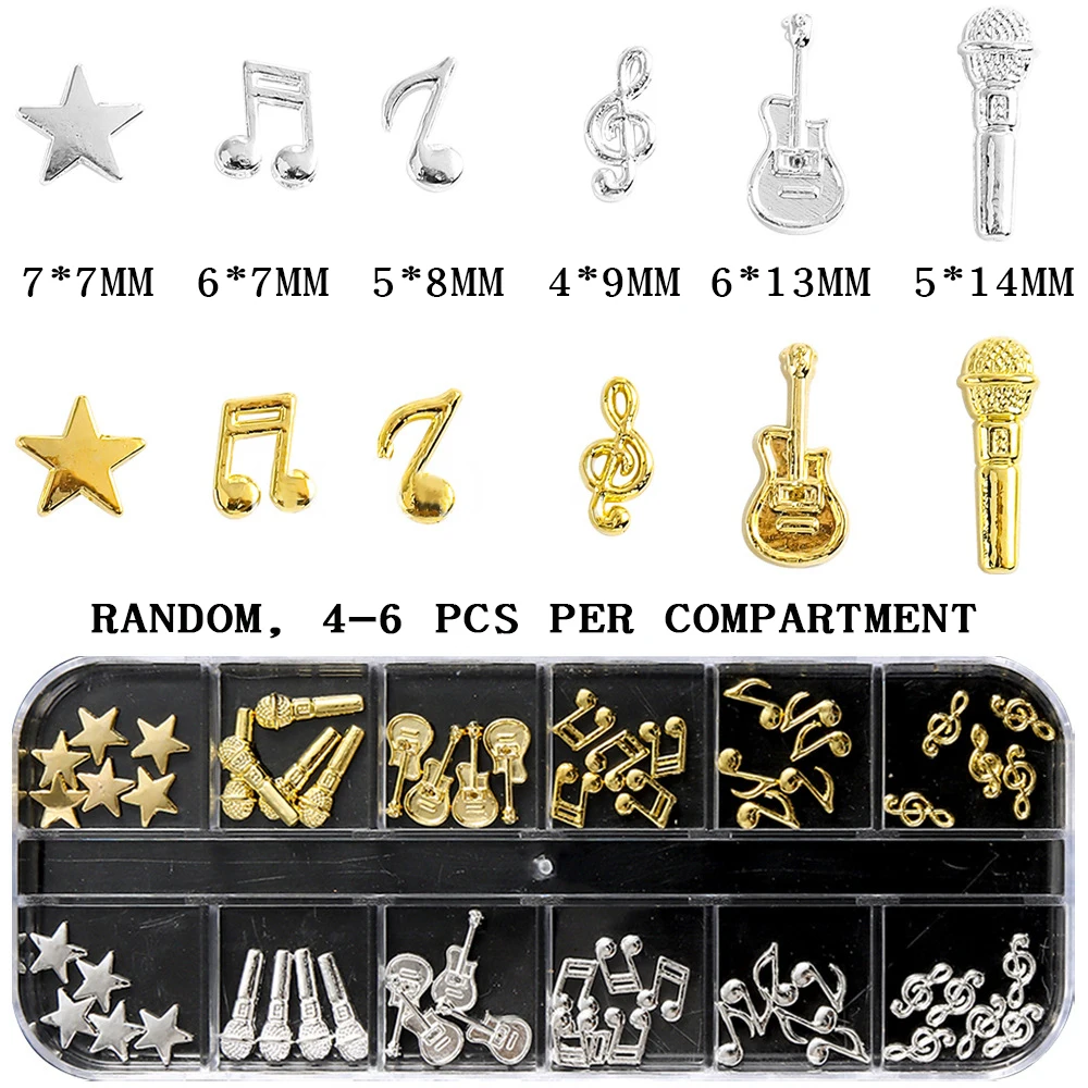 12Grids Gold Silver Music Symbol Instruments Metal Nail Charms 3D Mixed Notes, Guitar, Microphone Punk Rivet Nail Alloy DIY Deco view 6