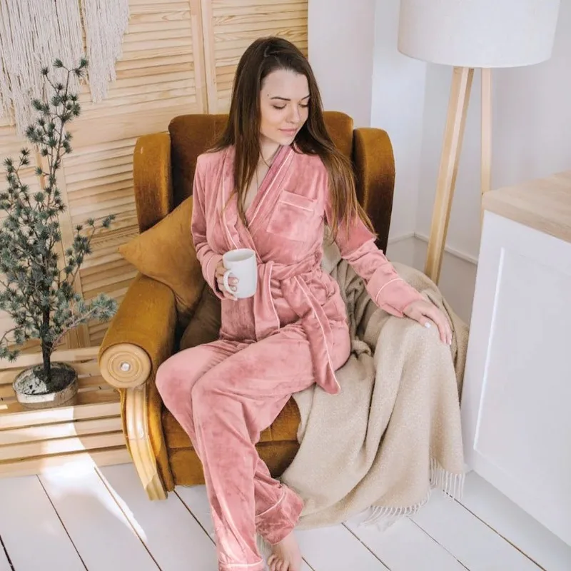 

Velvet Women Kimono Bathrobe&Pajamas Set Pants Winter Autumn Sleepwear Warm Velour Nightwear Long Sleeve Clothes Loungewear 2025