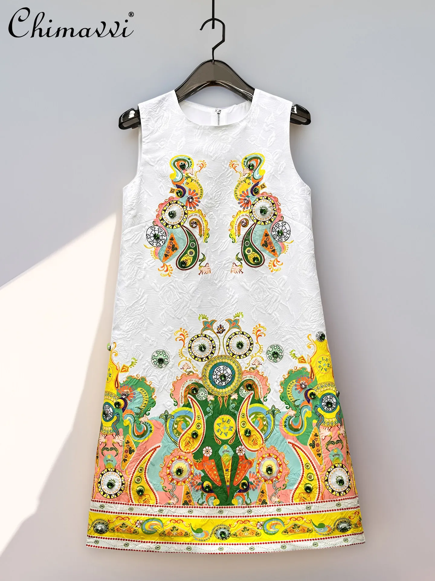 

2026 Summer French Elegant Fashion Heavy Industry Jacquard Beaded Round Neck Sleeveless High Waist A-line Short Dress for Women