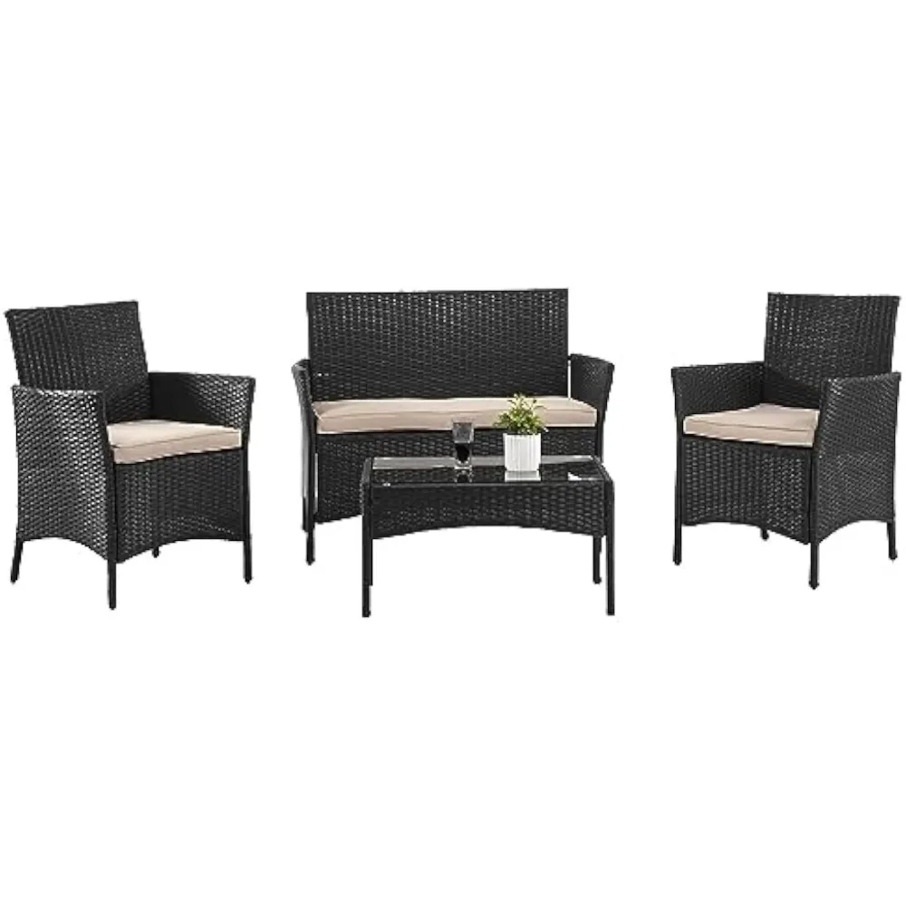 

4-Piece Wicker Rattan Outdoor Conservation Set, Glass Top Coffee Table, Chair with Cushions for Patio Or Backyard, Bla