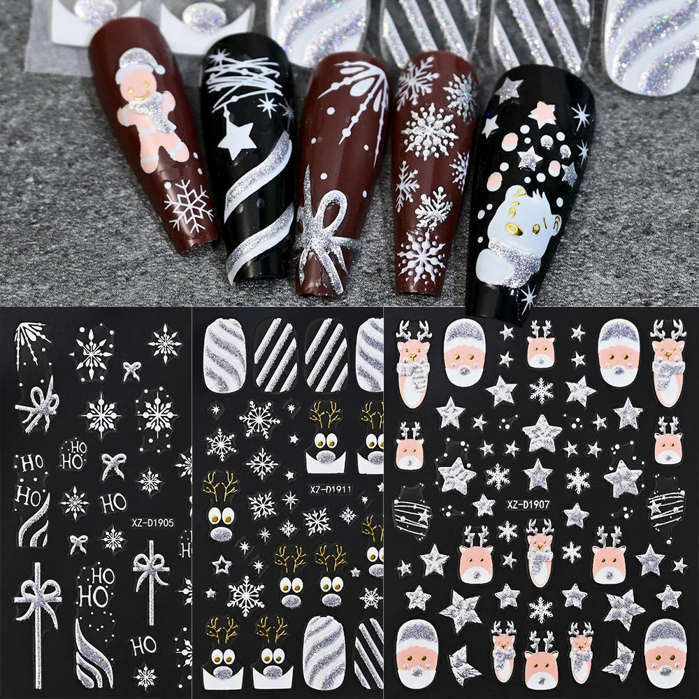 12 Stücke Silber Glitter Weihnachten Nagelaufkleber 3D Winter Schneeflocke Elch Weihnachtsmann Klebeschieber Weihnachten Abziehbilder Nageldekoration