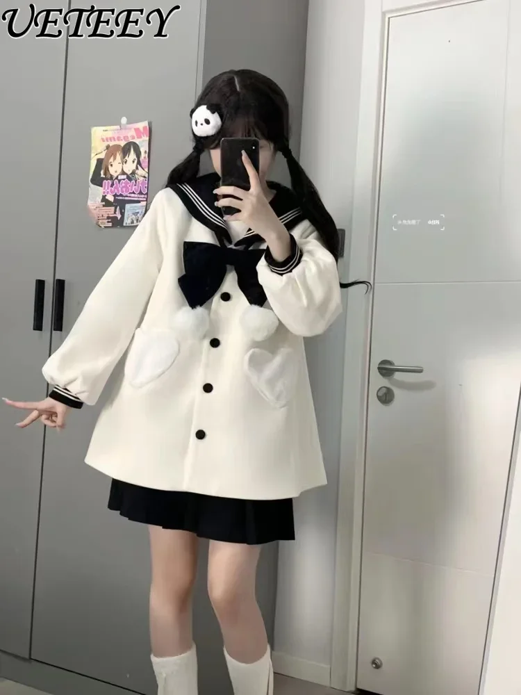 Winter New Japanese Cute Girls Long-sleeved Navy Collar Jacket Versatile College Wind Cotton Thickened Jk Woolen Coat for Women