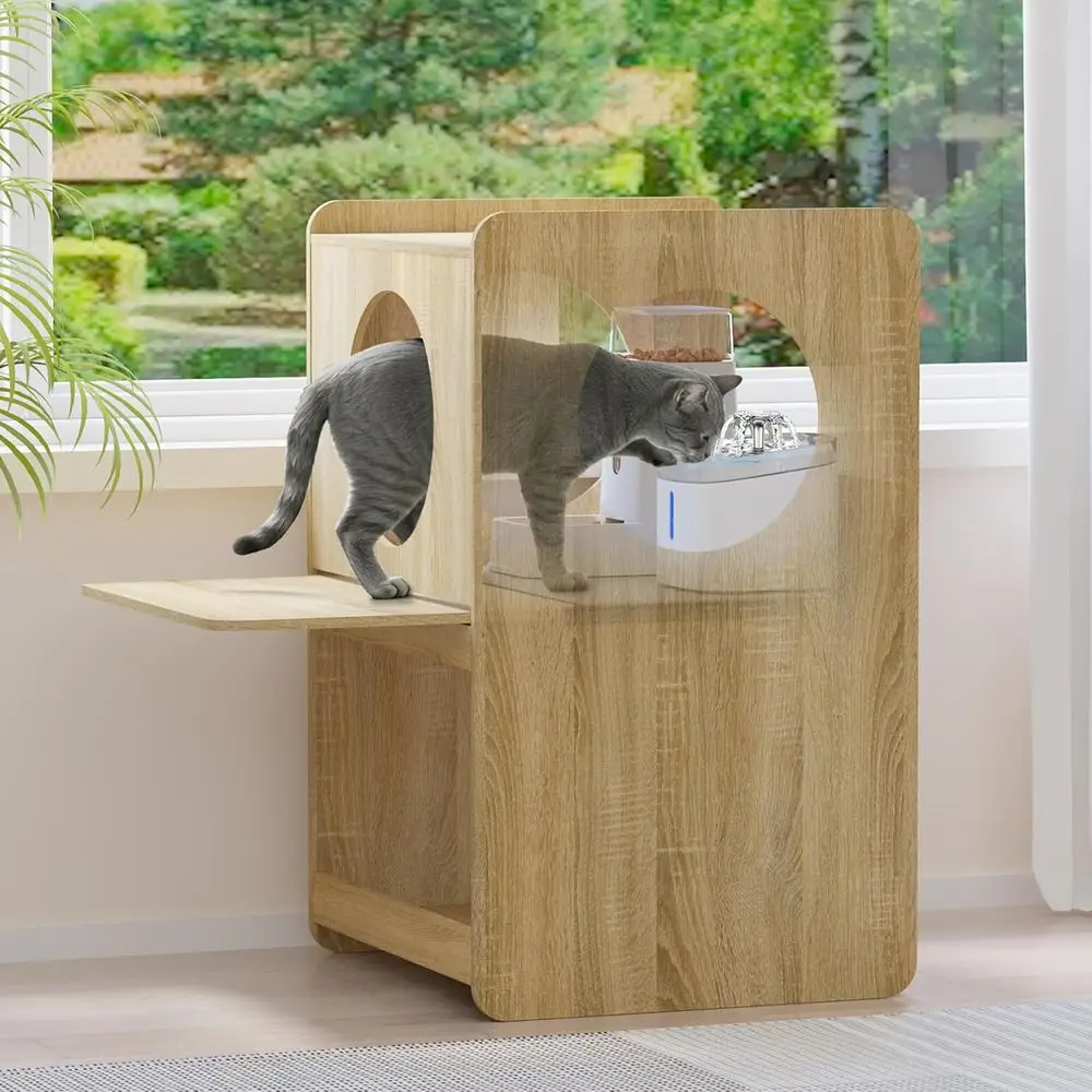 

Elevated Cat Feeding Station with Water Fountain, Spill-Proof Mat, Window Perch, and Storage