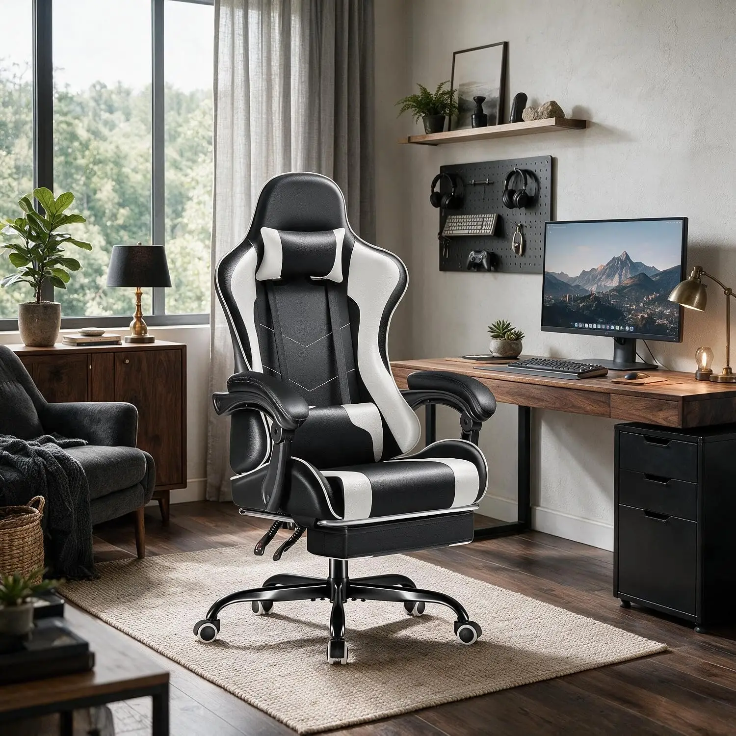 Furmax Gaming Chair, Video Game Chair with Footrest and Massage Lumbar Support, Swivel Seat Height Adjustable Computer Chair with Headrest, Racing E-Sport Gamer Chair (White)