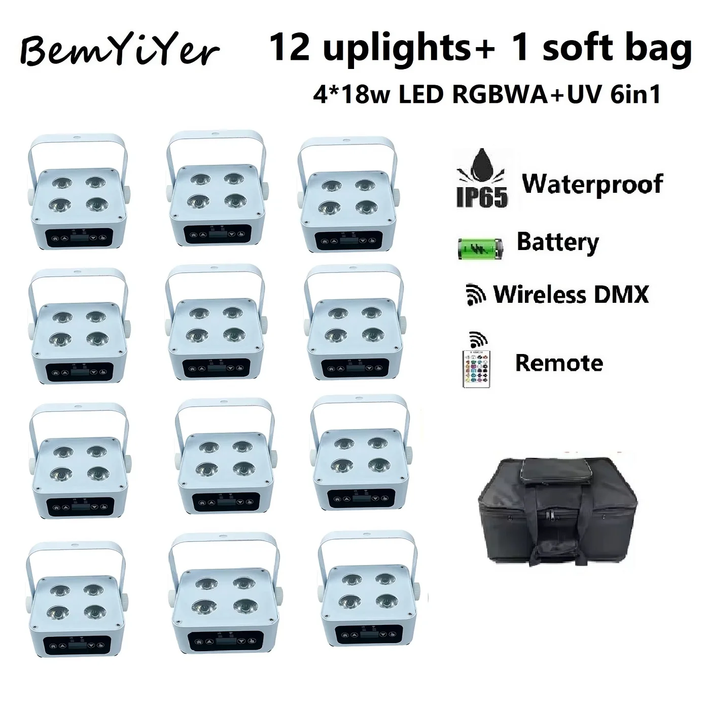 

BemYiYer, 12 упаковок, 4x18 Вт, уличный IP65, светодиодный светильник Par, сумка, аккумулятор, беспроводной DMX IR/RGBWA + UV, 6 в 1, наружное сценическое освещение