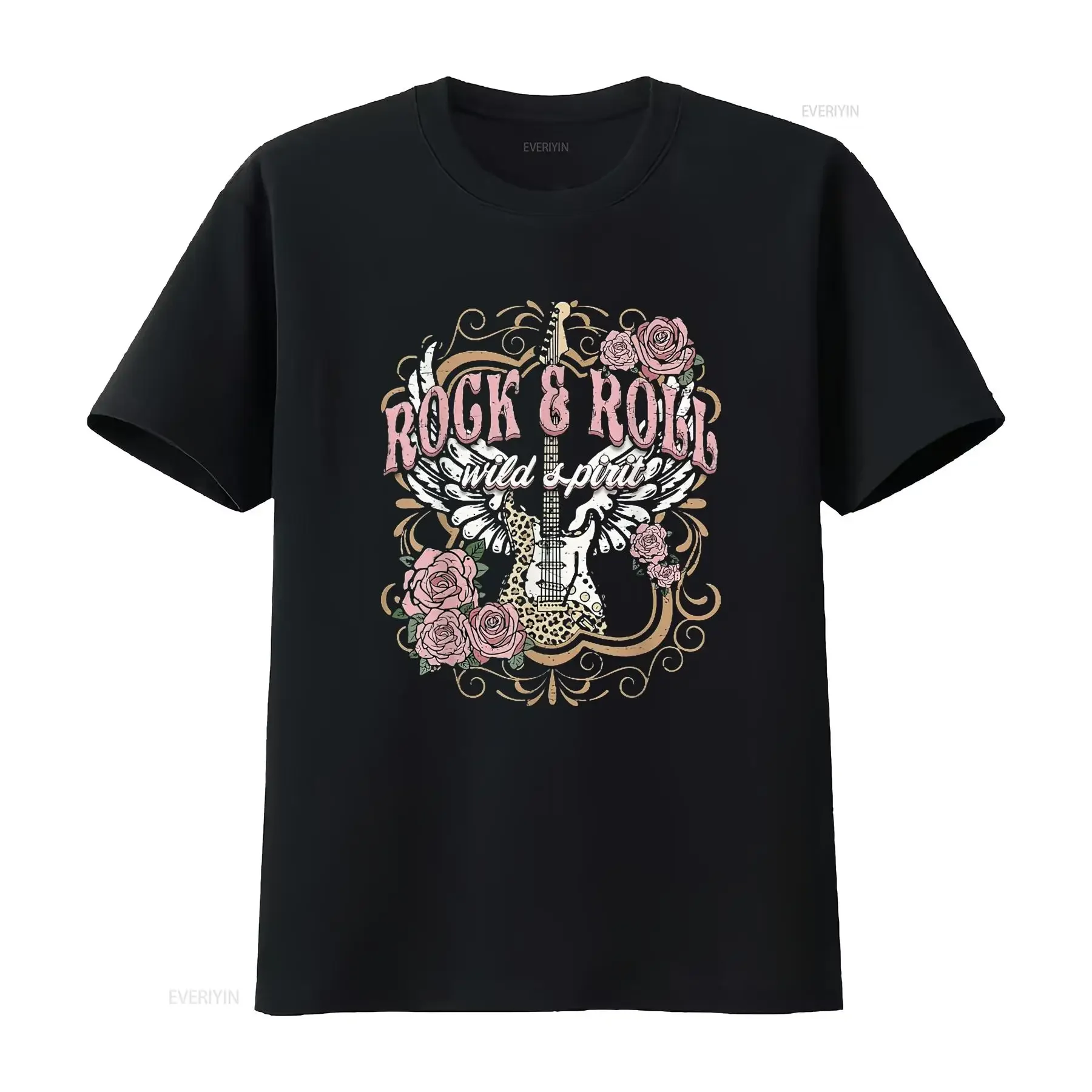 Camiseta de guitarra Floral con alas de Ángel bohemias de espíritu salvaje Rock And Roll para mujer, Top lavado vintage negro para uso diario estirado