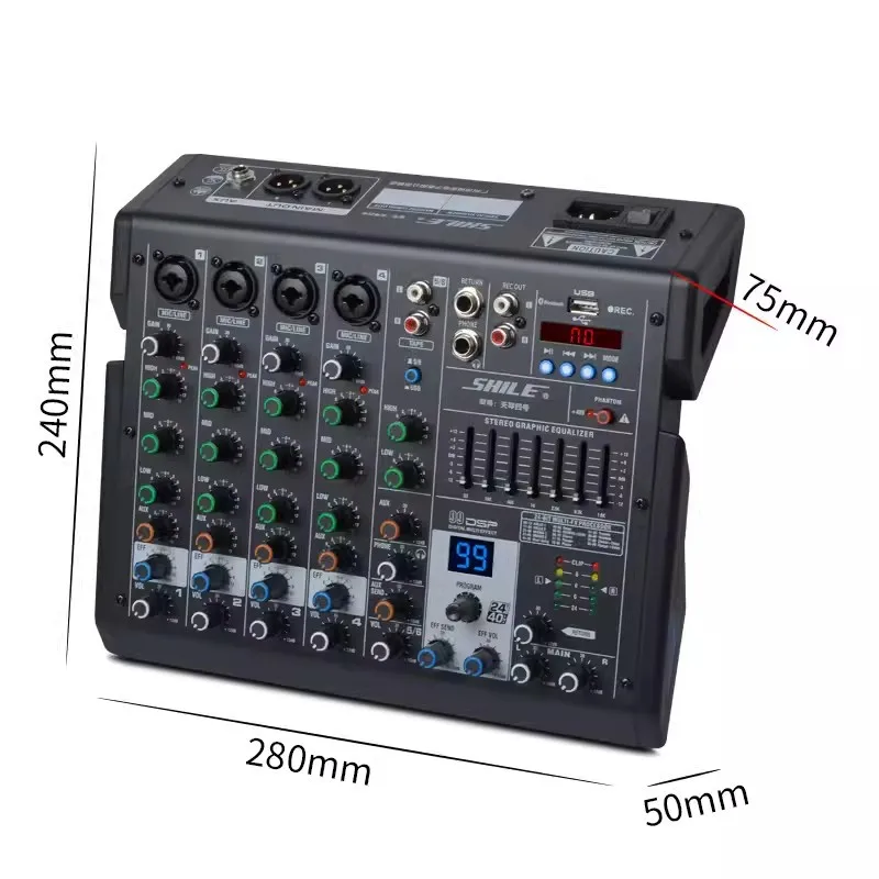 6-Channel Mixer, Professional Audio Console for Stage Performance, Meeting, Wedding, Digital Effects Processor