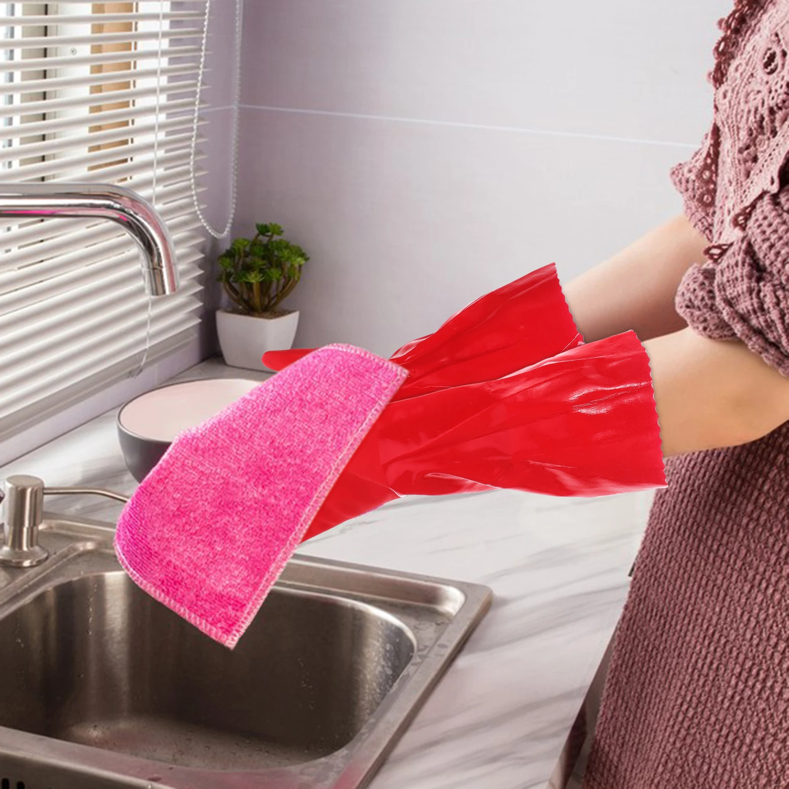 

Kitchen Dishwashing Cleaning Housework Thicken Gloves Housework Gardening Non-Slip Gloves Red 37Cm