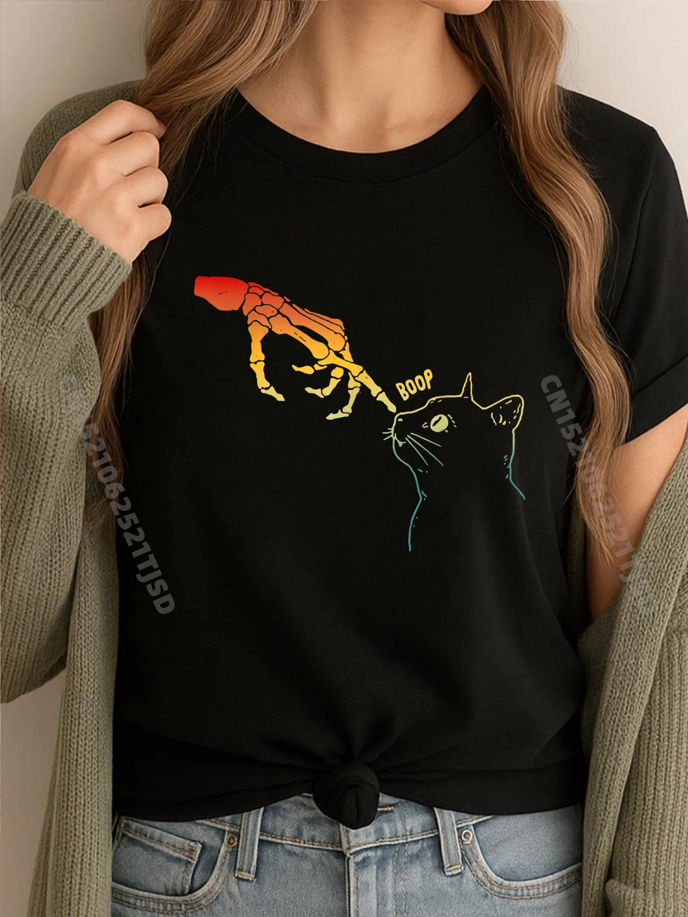 

Retro Skeleton Hand Boop Cat Kitten Funny Halloween Cats Anime T Shirts Clothes Character