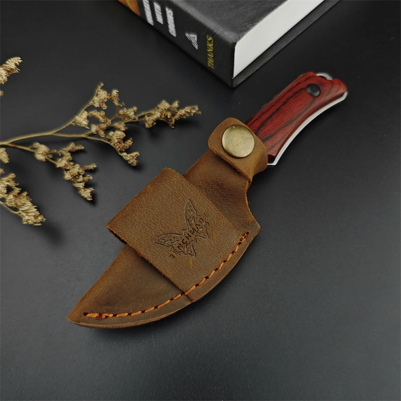 Pocket straight knife BM15017 outdoor rescue stable wooden handle 8Cr13Mov blade meat cutting hunting Bovine spleen sheath