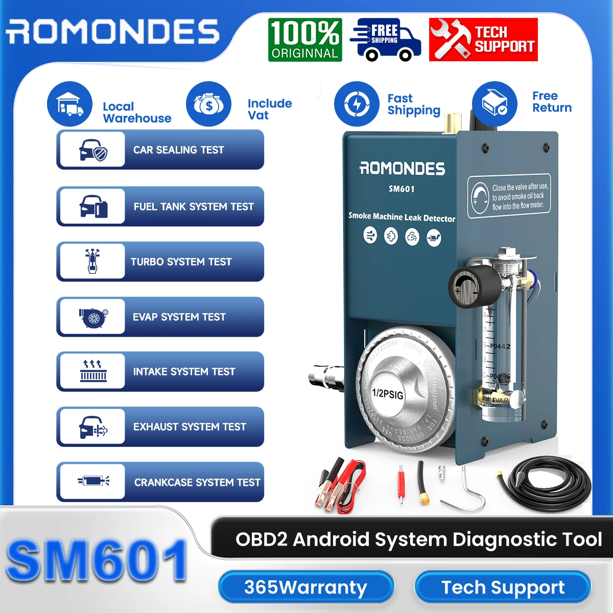 Romondes SM601 Car Smoke Leak Scanner Diagnostic Tool Test Oil Leak Detector Vacuum Fuel Pipe EVAP Smoke Machine for Motorcycles