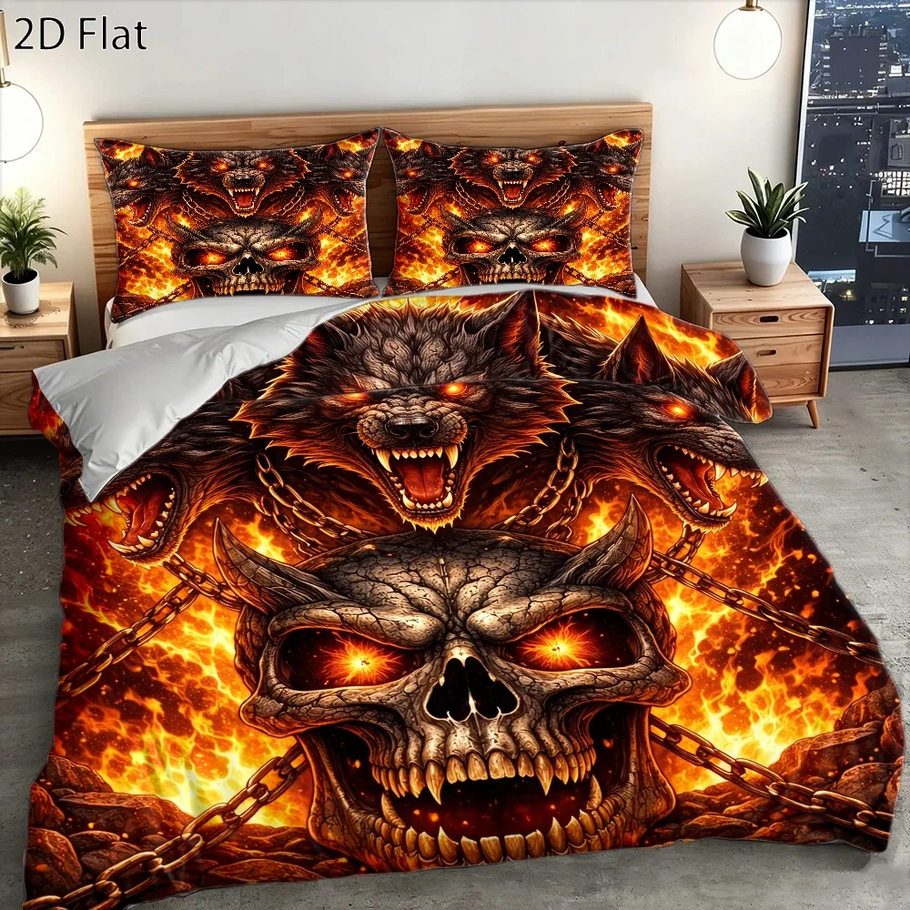 3Pc Dark Style Three-Headed Wolf Flame Skull Duvet Cover Set, Bedding Three-Piece Set (1*Duvet Cover + 2*Pillowcases), Suitable for All Seasons, Machine Washable, Invisible Zipper Double Bed Cover, Universal Bedding Set for Home, Dorm, Master Bedroom, Guest Room, Large Dark Style Bedding Set, Personalized Flame Skull Print Duvet Cover, Trendy Punk Style Bed Cover Set, Bedroom Decor Bedding