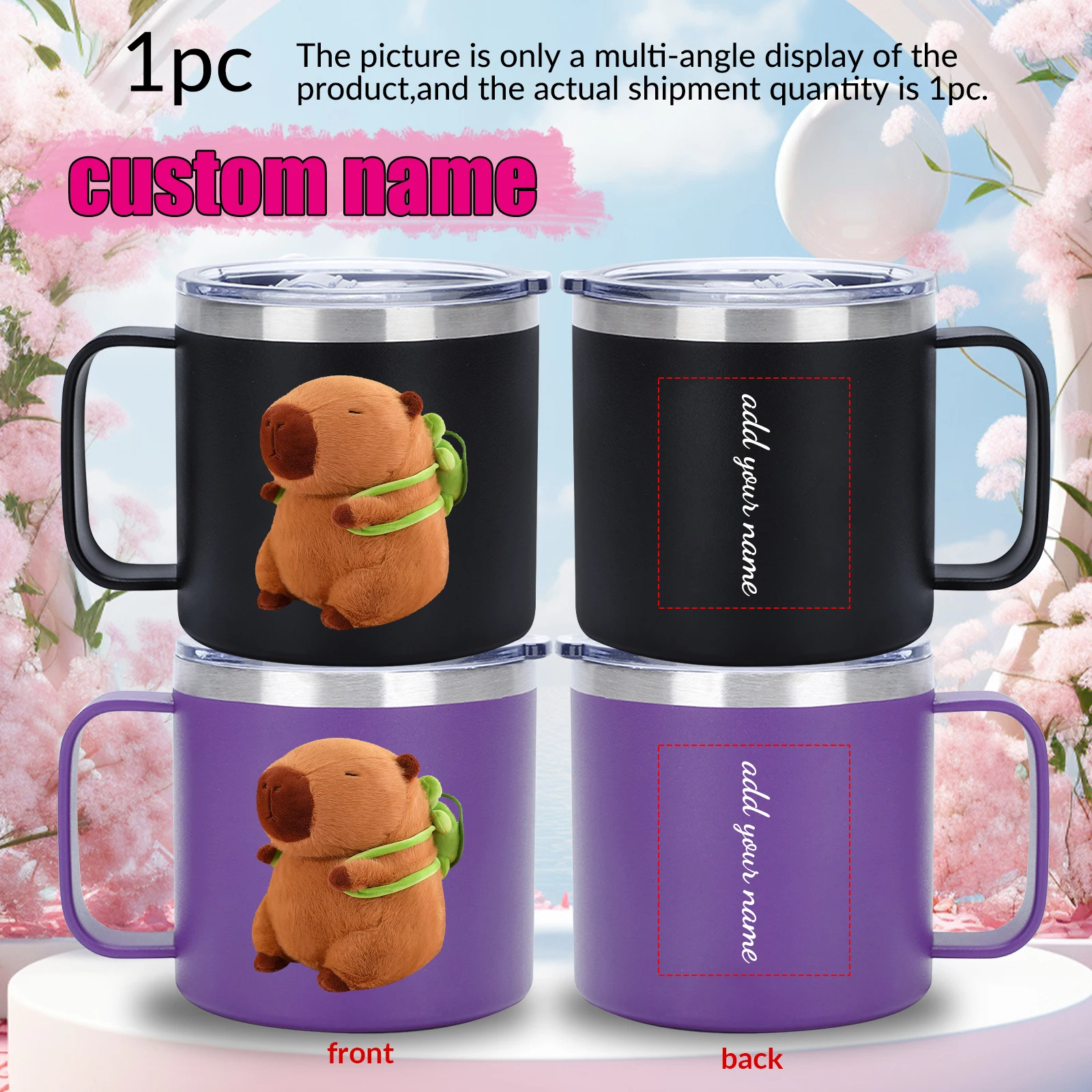 

1pc Customized Name Stainless Steel Coffee Cups with Handgrip 14oz Print Capybara Logo Hot Cold Insulated Festive Water Mugs