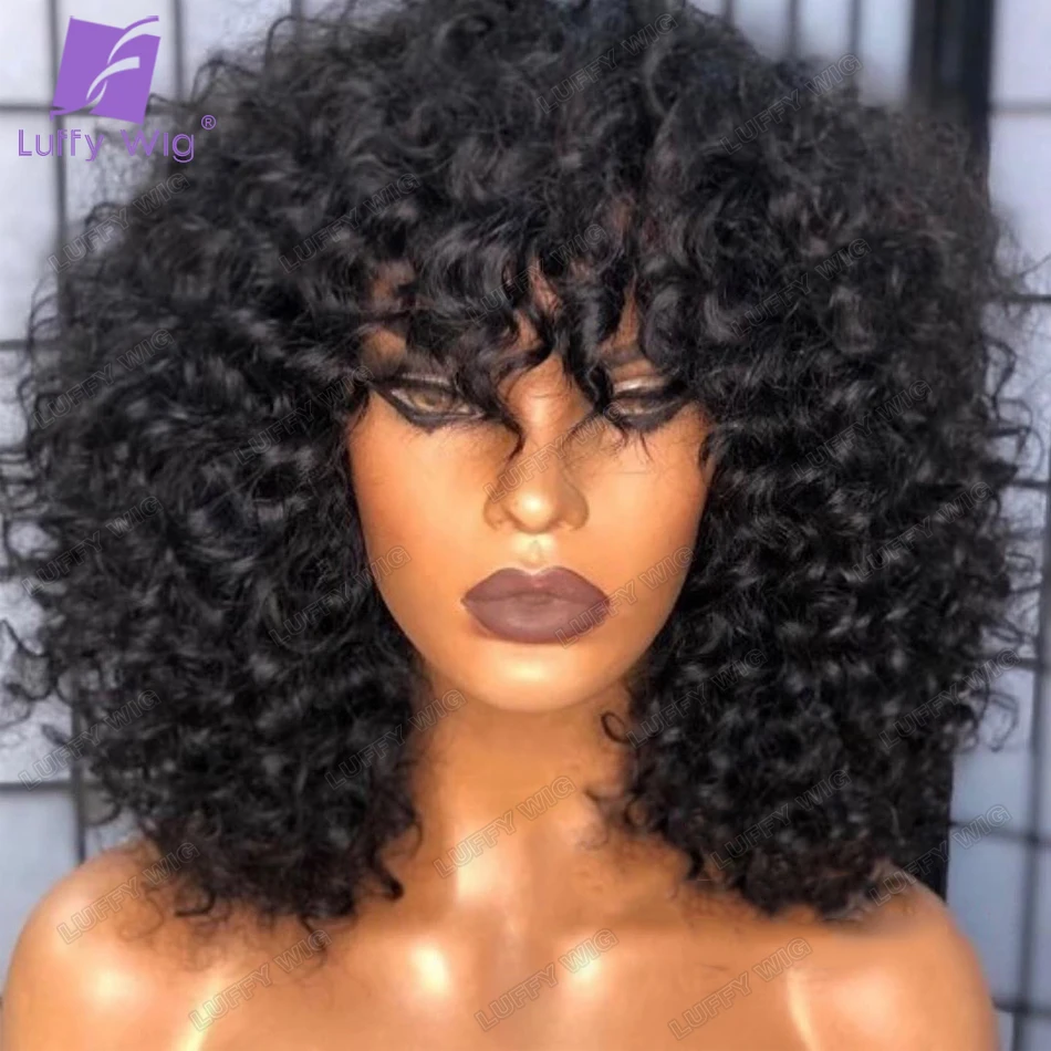 

Short Curly Bob Wigs Human Hair with Bangs 200 Density Scalp Top Wig Full Machine Made Brazilian Curly Wig Glueless for Women