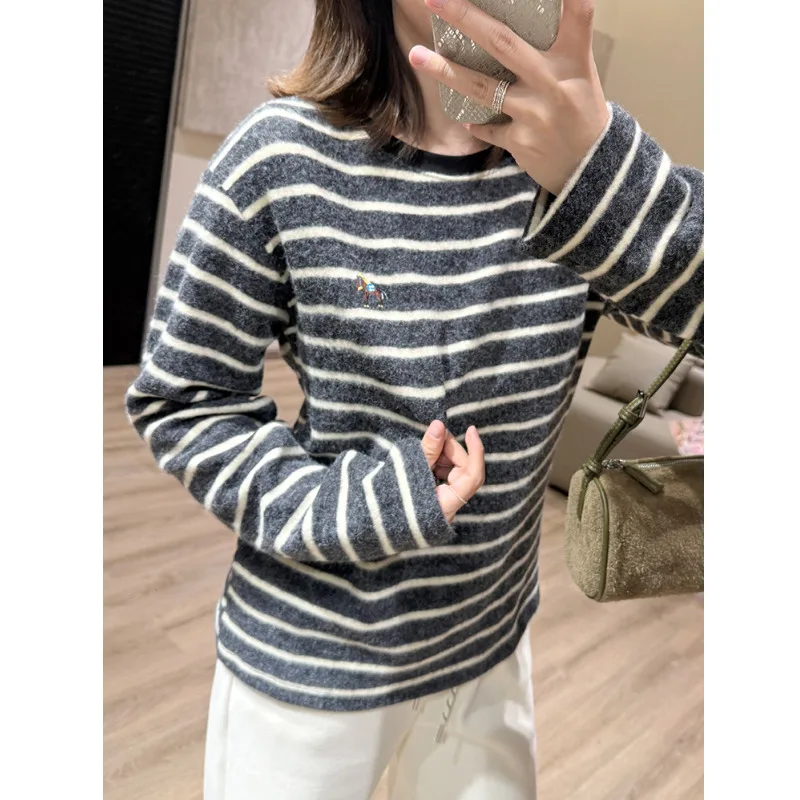 

Women Plush Stripe Embroidery T-Shirt Autumn Winter Korean Round Neck Thick Color Block Casual Pullover Tops