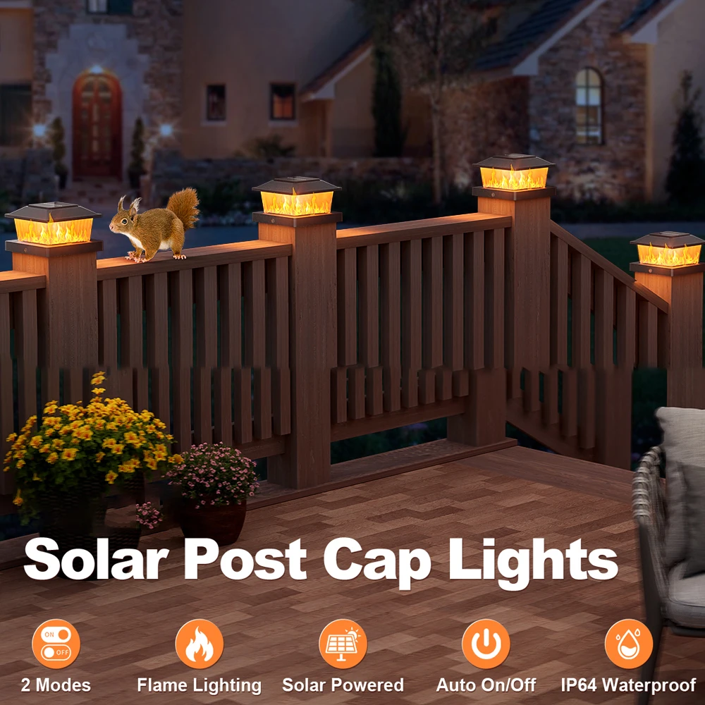 Solar Post Cap Lights Outdoor IP64 Waterproof Flickering Flame Fence Deck Light for Vinyl/Wooden Posts Porch Patio Garden Yard