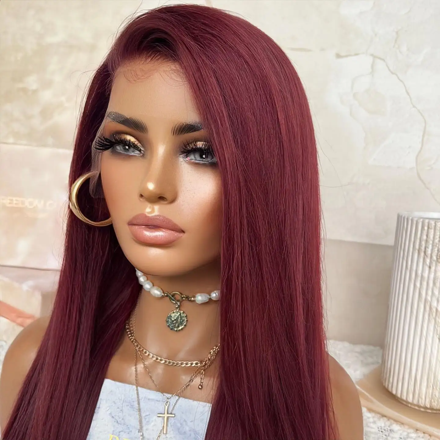 AIMEYA Burgundy Synthetic Lace Wigs For Women  Pre Plucked Straight Wigs Red Lace Front Wig Heat Resistant Cosplay Party Wig