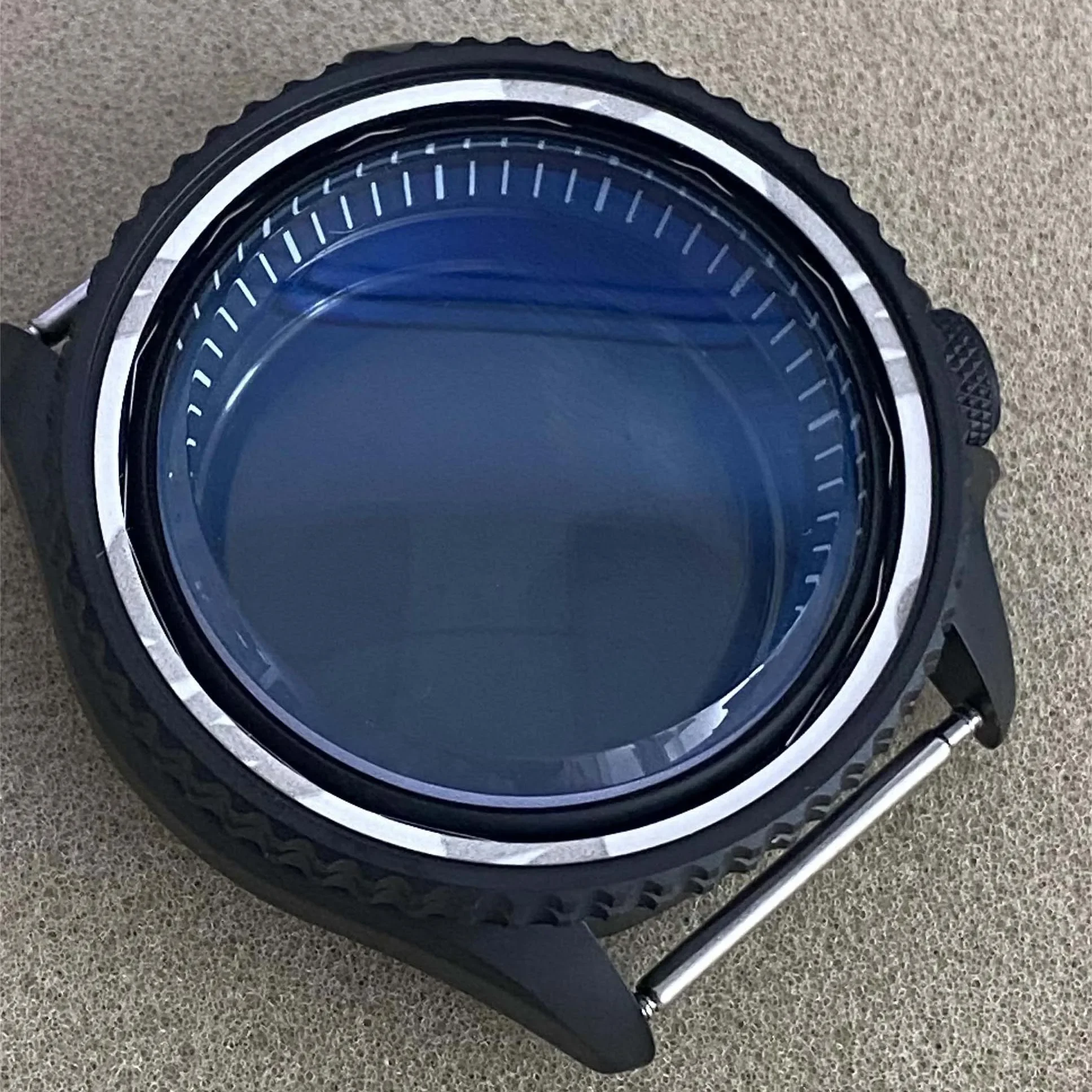 Casing jam tangan baja 41.5mm NH35 casing PVD hitam mengkilap bagian jam cincin bab hitam putih biru untuk gerakan NH35/NH36/4R