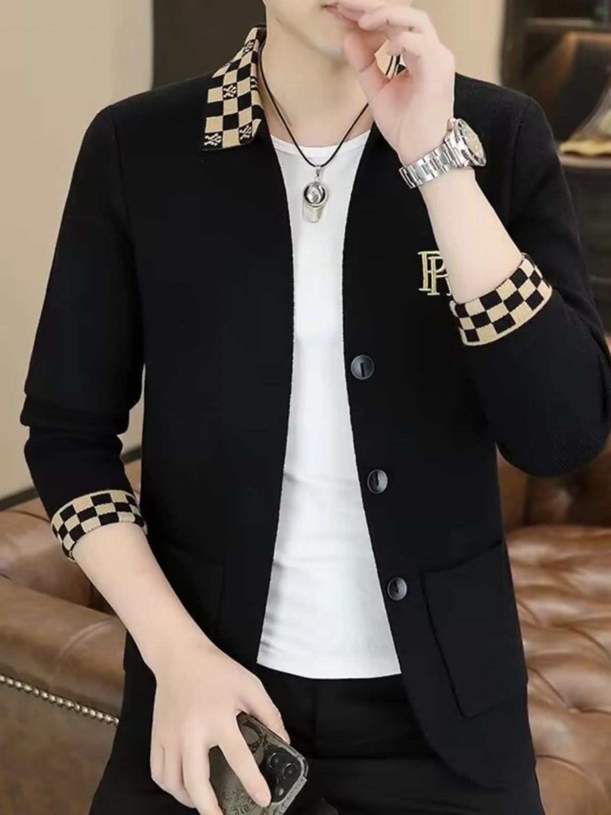 

High-End Men's Open Cardigan Knitwear Casual Collared Versatile Autumn Jaet Lightweight Luxury Casual irt Busin Sle ...