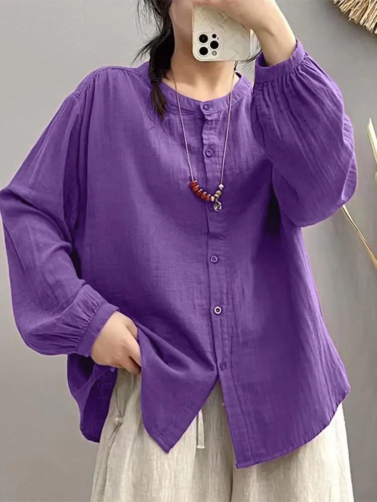 ZANZEA Women Cotton Top 2024 Summer Solid Long Sleeve Blouse Casual Loose Round Neck Shirt Elegant Korean Female Blusas Oversize