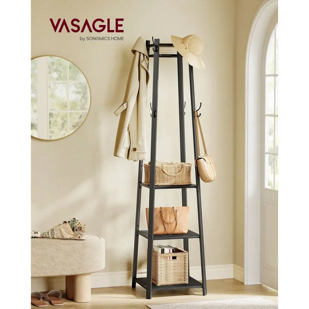 

Coat Rack, Coat Stand With 3 Shelves, Hall Tree Free Standing With Hooks For Scarves, Bags, Umbrellas, Steel Frame, Industrial