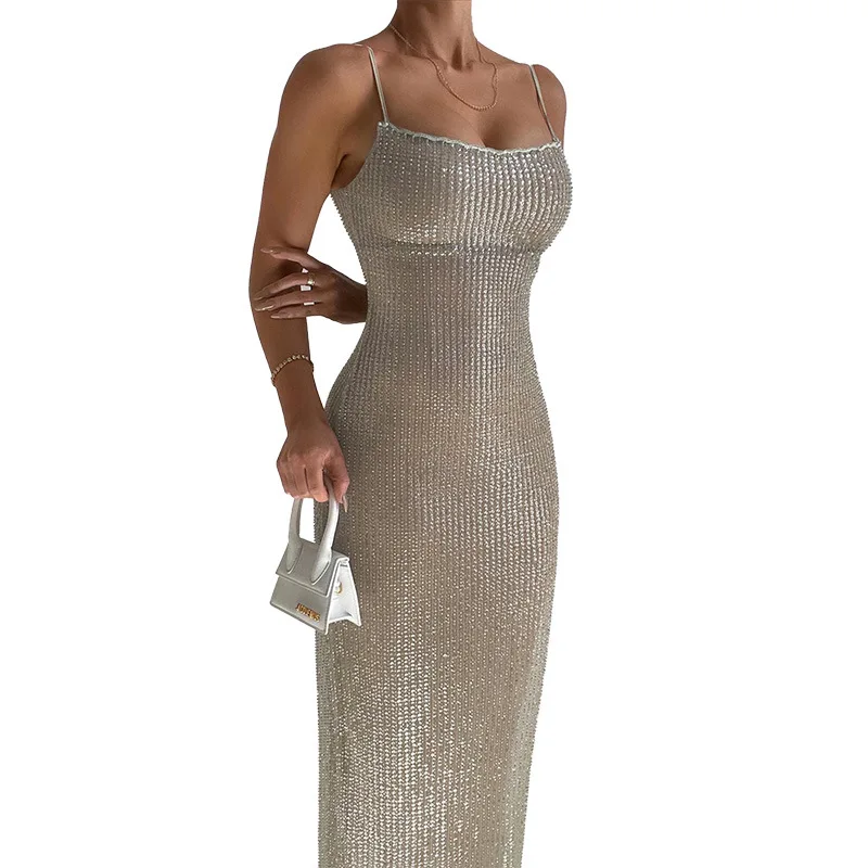 

Women's Summer Clothes Elegant Sparkling Sheer Mesh Sequined Fitted Silhouette Spaghetti Strap Bodycon Maxi Party Dress