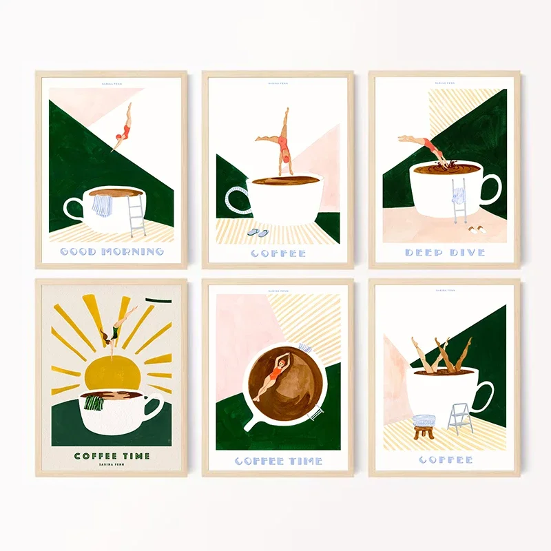 

Good Morning Coffee Diver Retro Funny Minimalist Food Poster Canvas Painting Wall Art Pictures Home Room Coffe Decor Gift