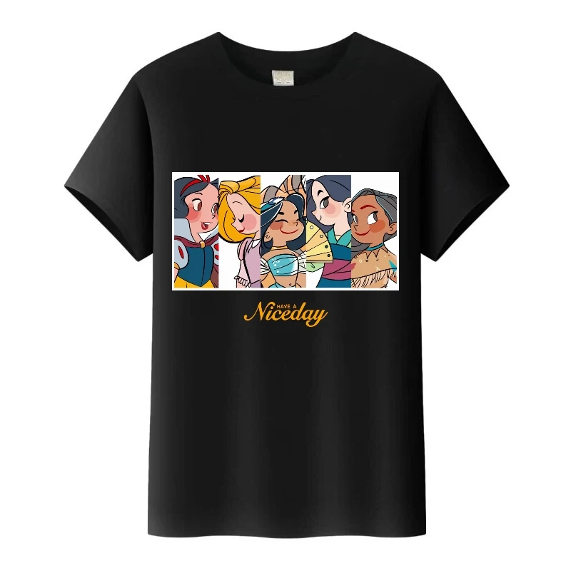 

Милые футболки с графикой принцессы Диснея Мулан и друзьями, черная футболка с короткими рукавами, женские топы с круглым вырезом, семейные блузки для девочек, детская футболка