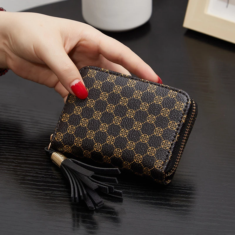 Fashion Print Leather Card Bag Women\'s Wallet Multiple Card Slots Credit Card Holder Tassel Short Wallets for Women Coin Purse