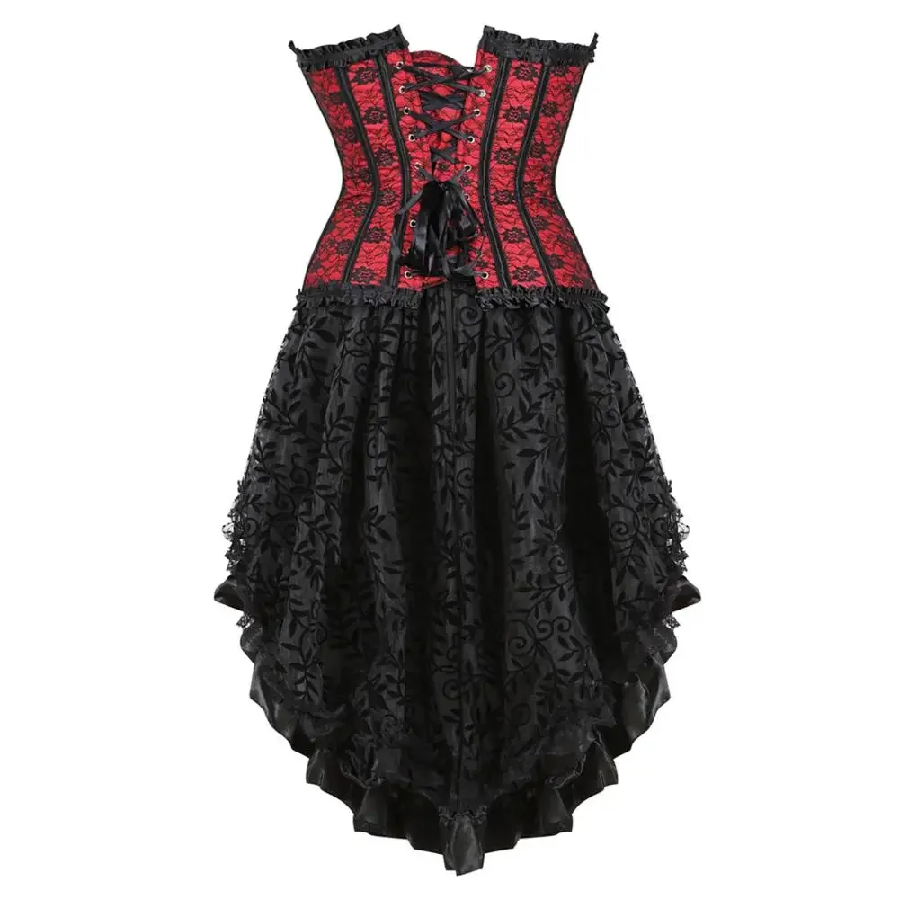 Corset and Skirt Steampunk Gothic Slimming Lace Overlay Bustier Dress Lace Up Boned Korsage Sexy Femme Carnival Party Clubwear