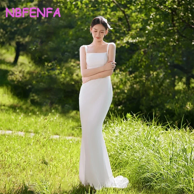 White Sling Light Wedding Dresses Korea Slim Mermaid Satin Simple Trailing Dress Photo Shoot Evening Dress vestido blanco mujer