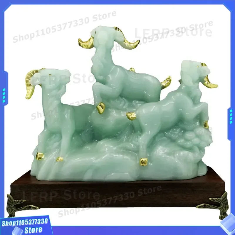 Blue Jade Resin Goat Statue Desktop Decoration Animal Ornament Three Goat Sculpture Craft Home Office Decor Gift for Friends