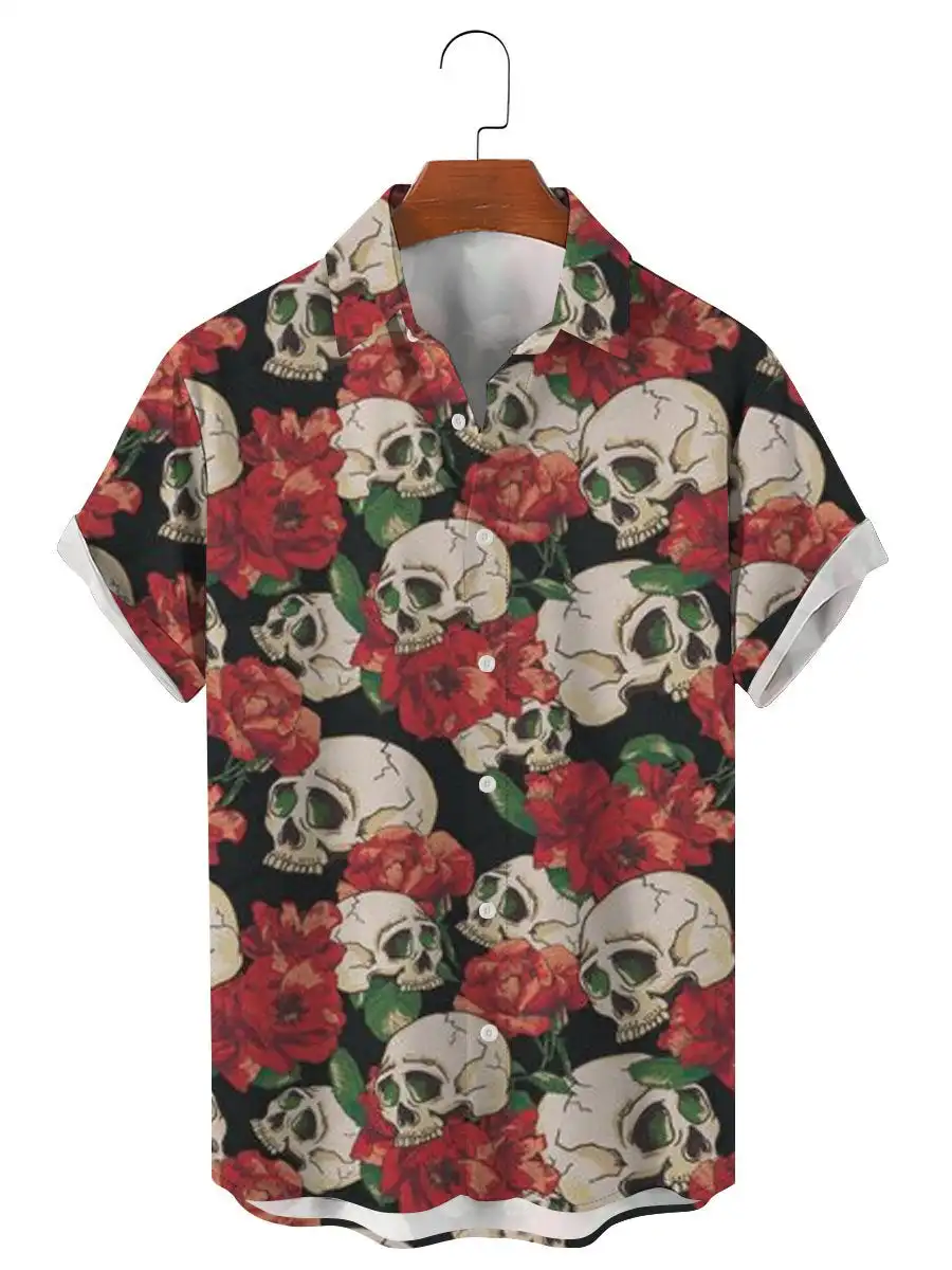 Unisex Fashion Skull Floral Men\'s Shirts Funny Skull 3D Print Streetwear Short Sleeve Hawaiian Shirt Print Lapel Shirts For Men