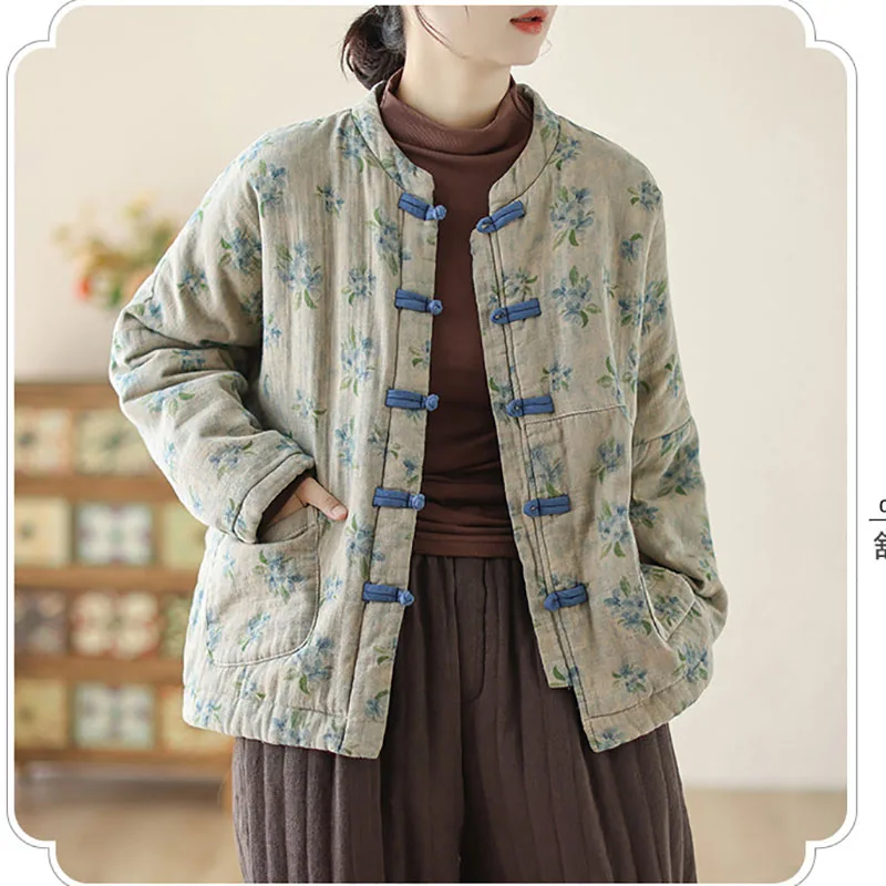 

2026 New Chinese Floral Cotton-padded Jacket Women's Winter Light Cotton Coat Retro Single-breasted Buckle Clip Cotton Jacket