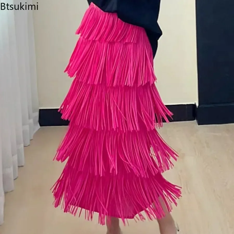 

New 2025 Women's Sweet A-line Skirt Solid Tassel Design Elastic Waist Club Party Long Skirts for Women Pleated Mid-length Skirt