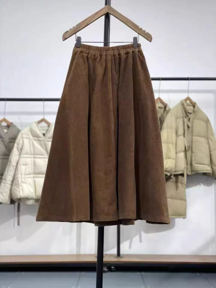 

Vintage Corduroy Solid Midi Skirts Women Y2K Autumn Winter Thick Loose Pleated Skirts Ladies Streetwear All Match A Line Skirts