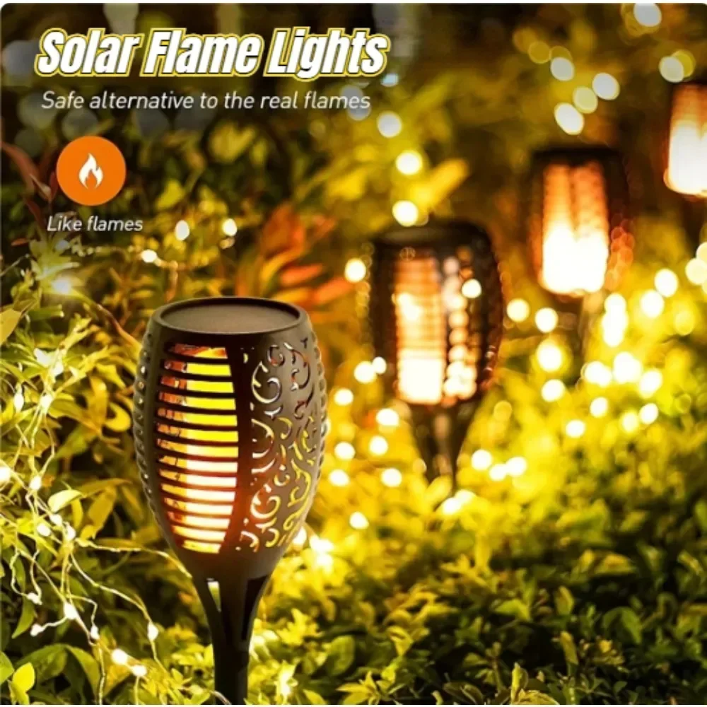 Impermeável Solar Flame Torch Lights, Flickering Light, lâmpadas de assoalho, decoração do jardim ao ar livre, caminho do gramado, quintal, pátio, 6Pcs, 12LED