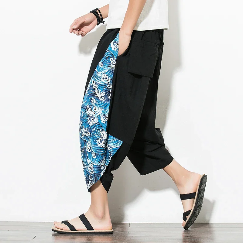 Dropshipping Men Harajuku Harem Pants 2023 Summer Cotton Joggers Calf-Length Pants Male Vintage Chinese Style Print Trousers