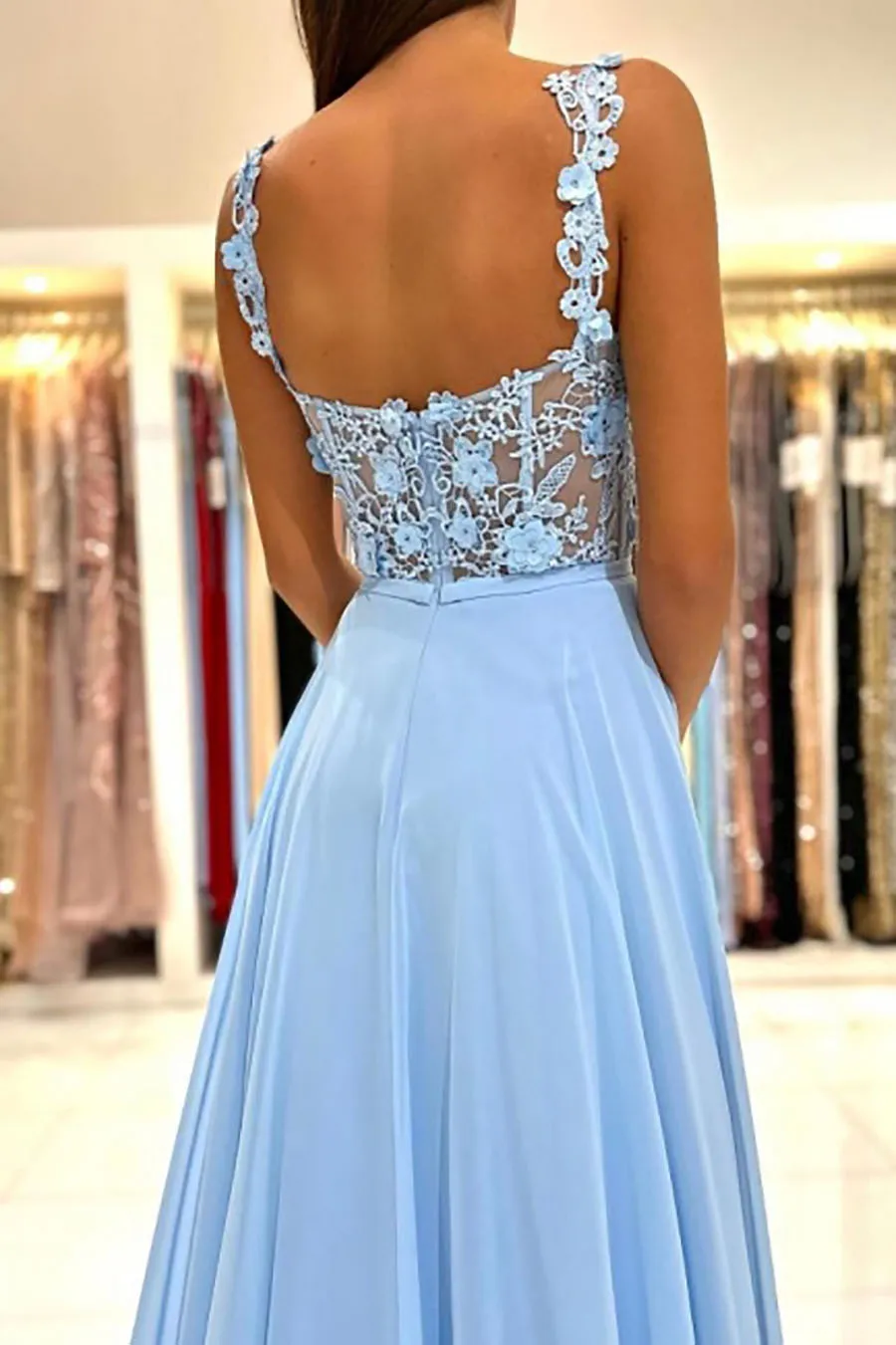 BLUE DRESS Store Blue Chiffon Lace Print Open Back Split a-Line One Line Neck Floor Mop abito da sera abito da ballo