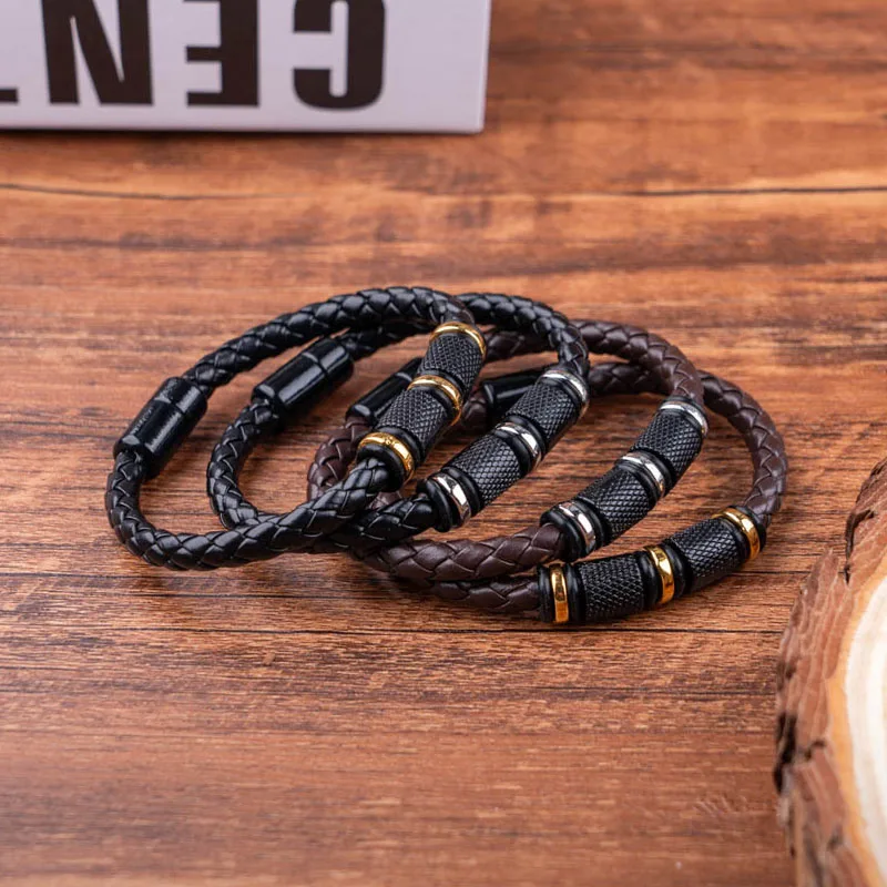 

Textured Metal Beads Strand Leather Bracelets for Man Simple Braided Leahter Cuff Bangle Stylish Daily Wear Wristband Magnetic