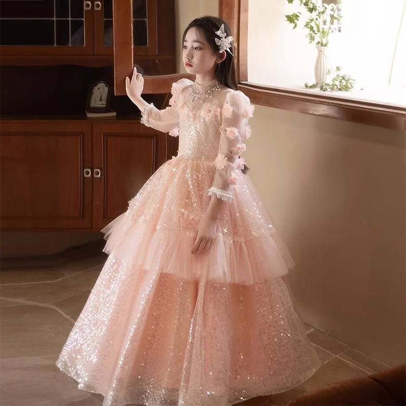 

Kids Dress for Girls Wedding Flower sequin Dress Princess Long sleeved Party Pageant Formal Gown For Teen Children Dress